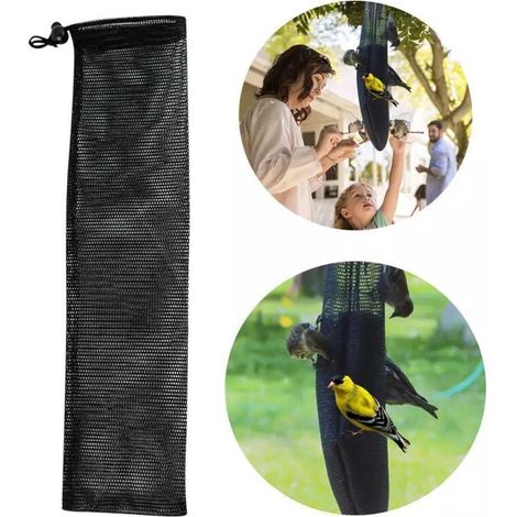 Mangeoire à oiseaux d'extérieur, sac à nourriture pour oiseaux suspendu en filet extensible noir étanche, 6 sacs en filet + 2 entonnoirs rouges. (1/4)