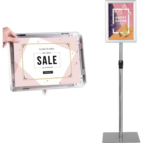GOPLUS Porte-affiche A4 sur Pied en Aluminium, Panneaux d’Affichage Rotation a 360°, Hauteur Reglable 73,5-118CM, Base en Metal, Affiche Remplacable pour Promotion/Mariage/Publicite/Menu (Gris, A4) (1/5)