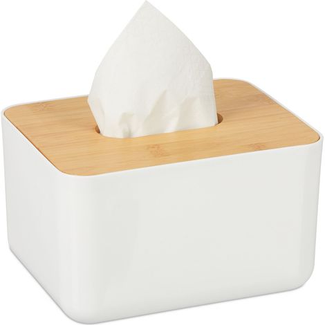 10 x Tücherbox mit Deckel aus Bambus, fürs Bad, modernes Design, Kunststoff, Taschentuchbox, HBT 10x17x13 cm, weiß/natur (1/5)