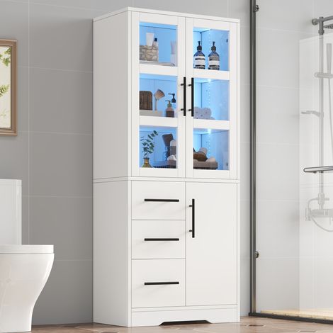 Armoire de salle de bain, 3 tiroirs, éclairage LED, avec portes, avec étagères, blanc, 72 x 35 x 170 cm, pour salle de bain
