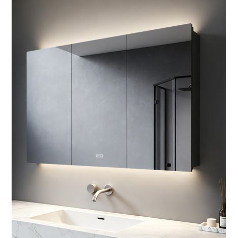 100 x 60 cm Armoire miroir avec éclairage LED pour salle de bain (noir mat, trois portes, 100 x 60 x 13 cm, acier inoxydable) (1/5)
