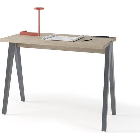 Bureau, modèle COLMAR, en mélamine avec pieds en hêtre massif laqués. Chêne clair et Gris (1/5)