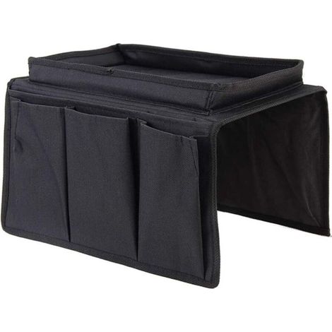 Organizador negro para el reposabrazos del sofá con espacio de almacenamiento para teléfono móvil, libros y mando a distancia, además de bolsillo colgante - Crezuo