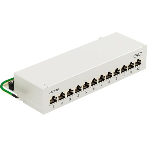 CAT 7 Patch Panel, 12 Ports, Table/Wall/Desk Mount, Shielded, 12 RJ45 Sockets, LSA Distribution Panel for Gigabit Network Switch, Light Grey (1/5)