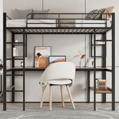 Lit mezzanine métal 90x200 cm avec bureau, 4 étagères et grande bibliothèque - noir