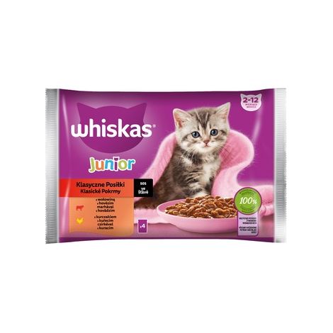Whiskas Junior 2-12 mesi Pasti classici Manzo e salsa di pollo 340 g (4x85 g)