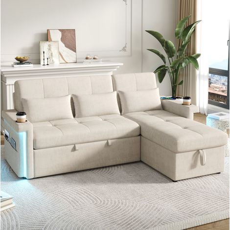 Canapé d'angle convertible 209x141,5x90 cm chenille beige, LED, pour salon – MEUBLIV (1/5)