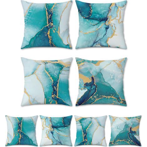 Housse de Coussin Marbre Turquoise 40 x 40 cm Double Face Or Sarcelle Abstrait Art Moderne Velours Doux Décoratif Taie d'oreiller pour Canapé Salon Chambre Maison Décoration 4 Pièces (1/5)