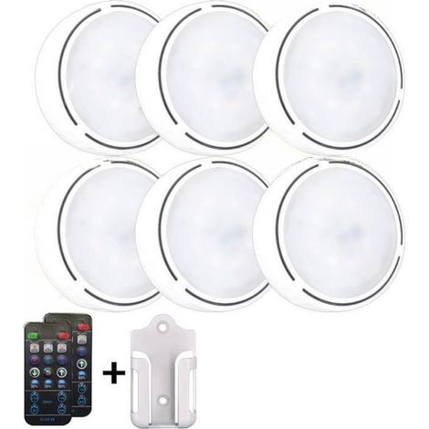 Rondelles lumineuses avec télécommande, éclairage sans fil à piles sous les meubles, à coller sur le robinet pour cuisine, étagère, lot de 6 – Blanc (1/5)