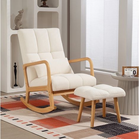 Silla mecedora 64,5x82x99 cm de madera y tejido blanco, con reposapiés para salón FloraGrace (1/5)