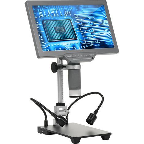 Microscope numérique avec écran IPS 10,1" Microscope numérique TV pour réparation électronique Microscope à pièces avec télécommande IR, câble USB, base et support métallique, Gris