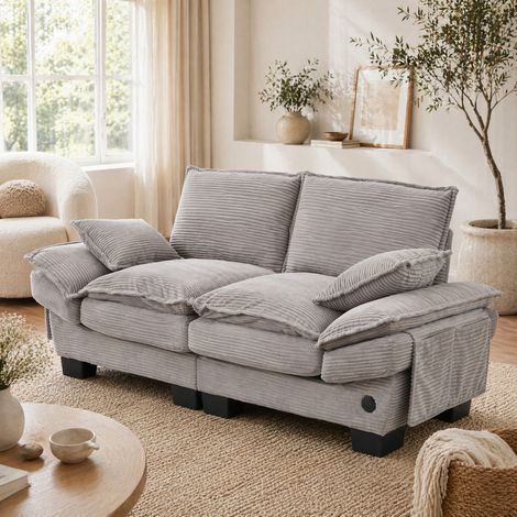 2-Sitzer-Sofa (190x73x84 cm), mit USB-C-Anschluss, Seitentaschen, Corduroy, Hellgrau (1/5)