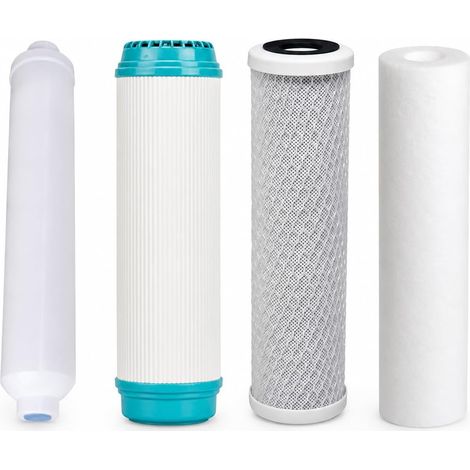 Lot de 4 filtres pour osmose inverse, filtres de rechange 10” pour systèmes 5 étapes, filtre sédiments 5 microns, charbon actif GAC, charbon bloc et post-filtre coco 1/4” (1/5)