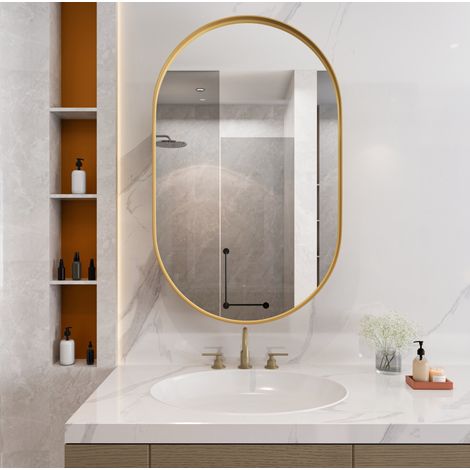 Armadietto bagno con specchio ovale moderno in metallo oro, da parete o incasso, con 2 ripiani in vetro regolabili (1/5)