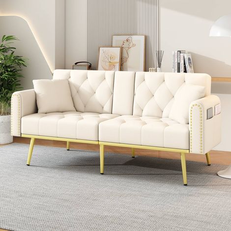 Canapé lit 2 places beige convertible double avec dossier 3 positions porte-gobelets fonction couchage tissu (1/5)