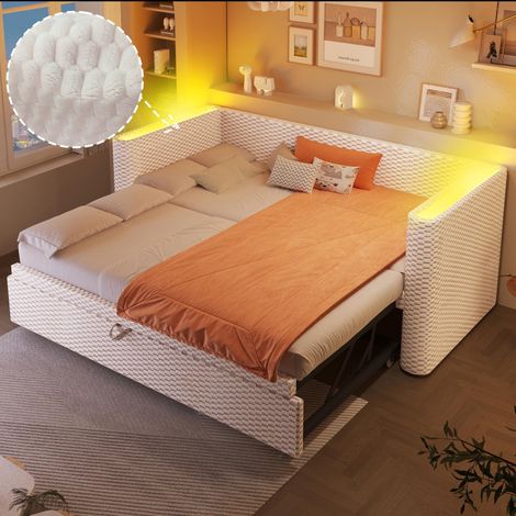 Lit de jour convertible, 90 × 200cm, 180 × 200cm, lit gigogne multifonctionnel avec éclairage LED, sommier à lattes (matelas non inclus), velours, beige, garantie 2 ans (1/5)
