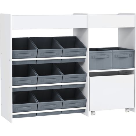Mobile Portagiochi per Bambini 105x30x80 cm con 11 Cestini in Tessuto Armadietto e Ripiani in MDF Bianco