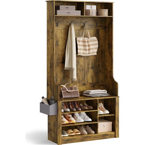 Mobile da Ingresso Bealife 90 x 30 x 183 cm con Sgabello Porta Scarpe 4 Ganci Vano a Giorno contenere 9 Paia di Scarpe Vintage
