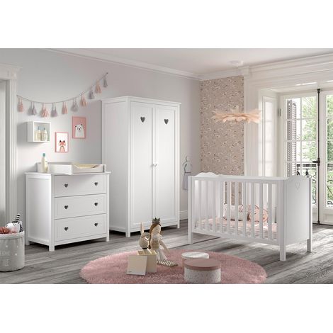 Pack - Lit Bébé, Armoire & Commode "Amori" 60x120cm Blanc (1/5)