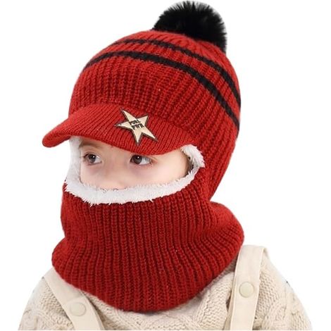 ABYSSE-Cagoule enfant, ensemble 2 en 1, bonnet et écharpe d'hiver chauds et coupe-vent, convient aux tout-petits et aux garçons, capuche douce avec pompons, rouge. (1/5)