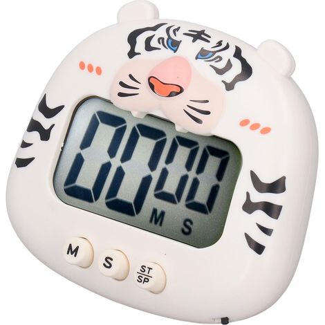 Minuteur de cuisine numérique avec compte à rebours, sons d'animaux et alertes lumineuses. Utilisation facile avec support pour apprendre à cuisiner. Tigre blanc. (1/5)
