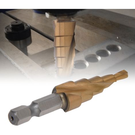 Sechskant-Stufenbohrer mit Spiralnut aus Schnellarbeitsstahl von 4 bis 12 mm zum Zentrieren, Bohren und Reiben, Pagodenbohrer. (1/5)