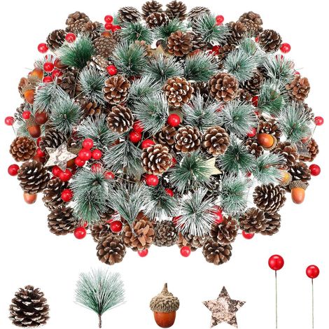 108 Pigne e bacche rosse artificiali di Natale, 24 pigne, 12 rami di pino, 12 ghiande, 12 stelle di legno, 48 bacche rosse - Decorazione per albero di Natale e ghirlanda