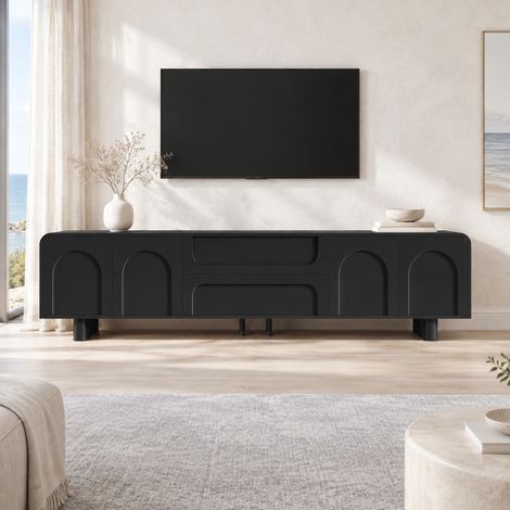 Meuble TV 180 x 40 x 46 cm avec 4 portes, 2 tiroirs et passe-câbles, noir HAVRYA (1/5)