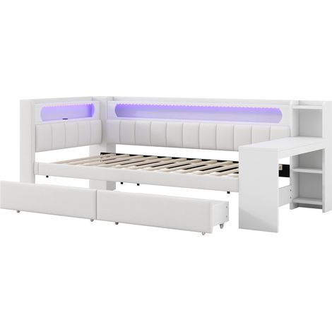 Cama de día tapizada 90 x 200 cm blanca con USB, tira LED, escritorio integrado y 2 cajones (1/5)