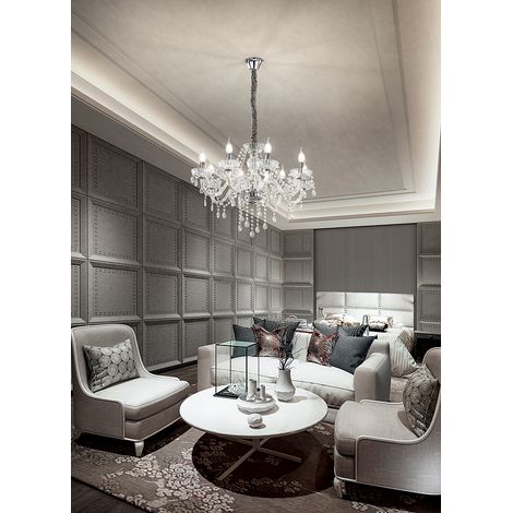 Suspension En Verre Transparent Série 6818, Lustre Classique À 8 Lumières Avec Douille E14, Hauteur Réglable 150 Cm, Couleur Gris Velours - Perenz