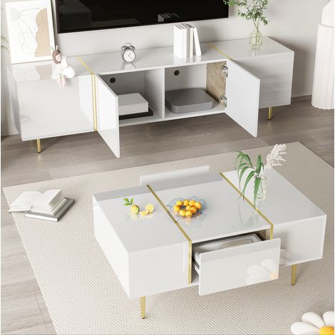 mobile tv 170 cm bianco lucido con tavolino da salotto OKMYHOME (1/5)