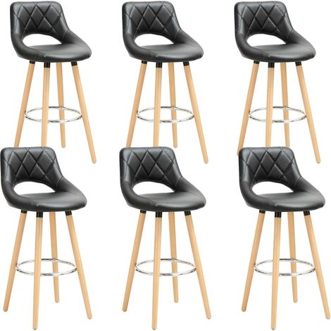 WOLTU Juego de 6 taburetes de bar, piel sintética y madera maciza con respaldo y reposapiés 43x43x91cm Negro