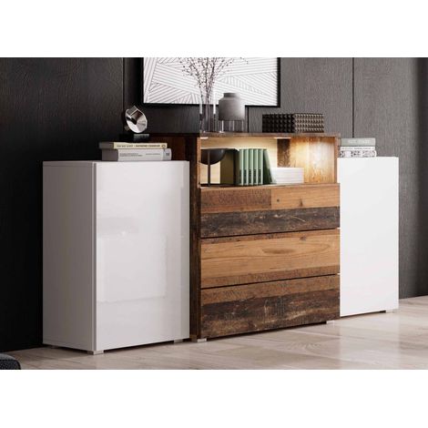 Deco In Paris – Buffet commodes 2 portes 3 tiroirs blanc laqué et chêne vieilli – Dimensions 150x39/32.5x81/69 cm – Rangement pratique et design intemporel (1/4)