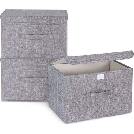 Lot de 3 boîtes de rangement pliables en tissu avec couvercle pour armoire, vêtements, jouets, lin, 37 x 24 x 25 cm (gris) (1/5)
