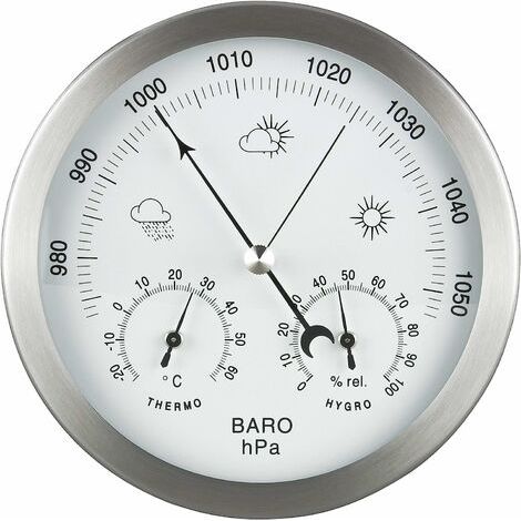 Station météo analogique 3 en 1 en acier inoxydable Ø132 mm - Baromètre, thermomètre, hygromètre, argent-FA6- (1/4)