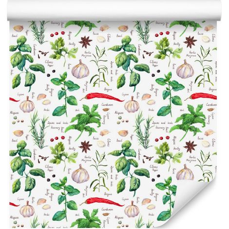 Papel pintado con diseño de ajo y especias para salón y dormitorio, 50x1000 cm. (1/5)