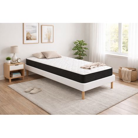 Ensemble Sommier Tapissier et Matelas 80x190 cm - Couleur : Blanc - Sommier Déhoussable avec Pieds 20 cm, Structure Robuste et Lattes Multiplis - Matelas Latex Accueil Moelleux Soutien Ferme - (1/5)
