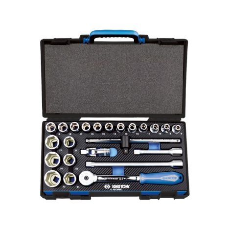 Coffret cliquet et douilles 1/2" – 23 pièces – 18 douilles 6 pans DIN 3124 – 1 cliquet 72 dents avec angle de reprise 5° – Coffret plastique – King Tony (1/5)