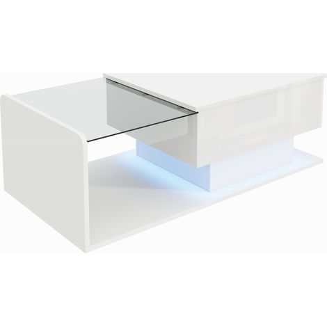 Mesita de centro blanco brillo con vidrio templado, elevable y LED, MODENUIT (1/5)