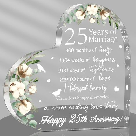 Plaque cœur acrylique souvenir mariage Cadeau anniversaire de mariage 25 ans pour femme, couple Noces d'argent – Style 25ᵉ année pour épouse, mari, amoureux (1/5)
