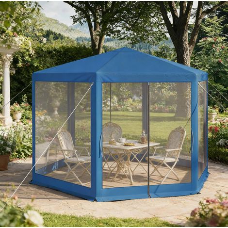 Gazebo da giardino 3,8 x 3,3 m con zanzariera, protezione UV, struttura metallica stabile e tessuto Oxford blu. (1/4)
