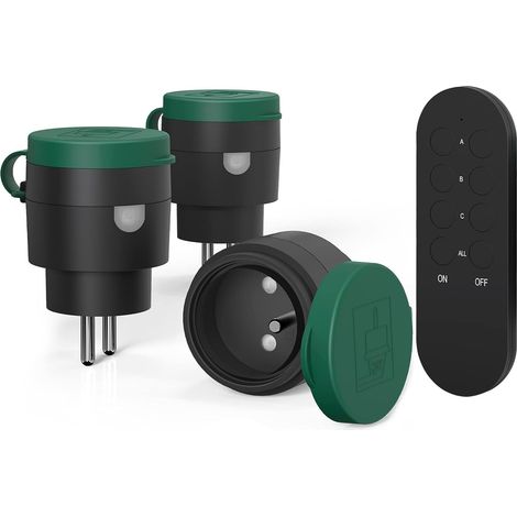 Prise Telecommande sans Fil, Prises Télécommandées Extérieures IP44, Portée 40 M, 2300 W, Plug and Play, All On/Off, Noir/Vert (1/5)