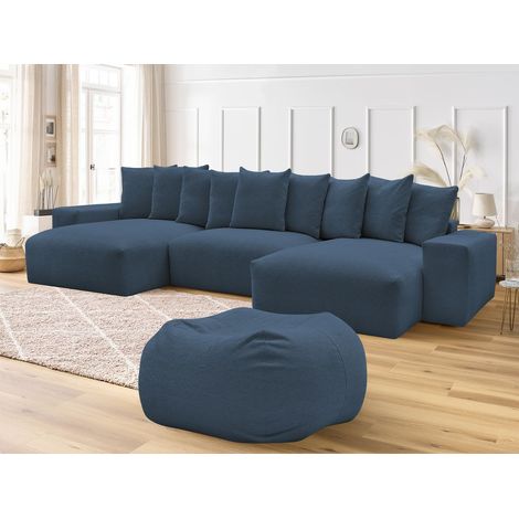BOBOCHIC - Canapé panoramique fixe VOLTAIRE tissu chiné avec pouf Bleu foncé (1/5)