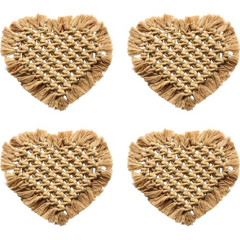 Sous-Verre Rattan Macramé - Diamètre 11,4 cm - Protection Thermique et Absorbante - Décor Boho Intérieur - Lot de 4