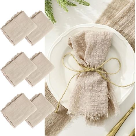 LALAGO 6pcs Serviettes de Table en Tissu 45x45cm, Serviette Tissu avec Franges, Serviettes de Table en Lin Lavable et Réutilisable pour Mariage, Hôtels, Restaurants, Evénements et Fêtes Beige