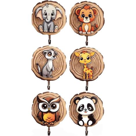 Crochet Bois Forme Animal - Adhésif Sans Perçage - Décoration Chambre Enfant - Lot de 6