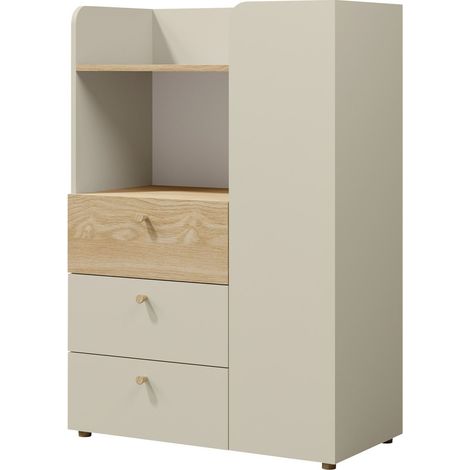 Estantería Domcali 106, Beige + Roble, Con cajones, Con puertas, Cerrable, Aglomerado laminado, Número de puertas: 1, Número de cajones: 3, 114x80x40cm (1/3)