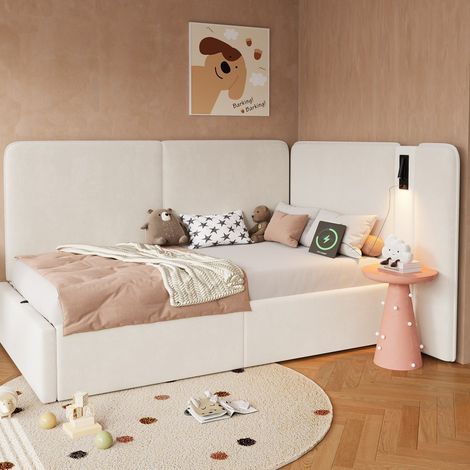 Lit banquette capitonné en velours beige 90x200 cm avec tête de lit, coffre hydraulique, USB/Type-C et liseuse