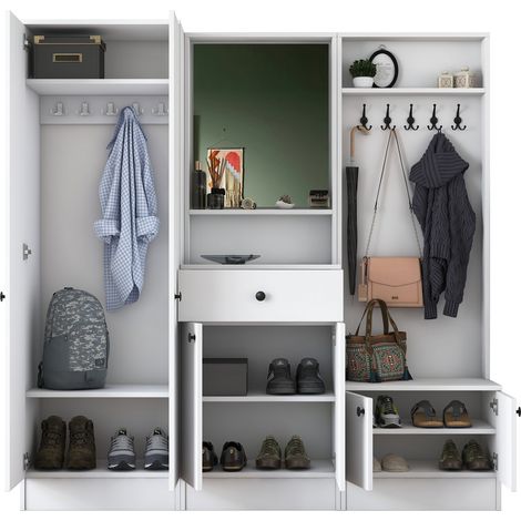 Garderobe Manzano, mit Spiegel, Kleiderhaken, 7 Regale, 179x37x183h cm Weiß