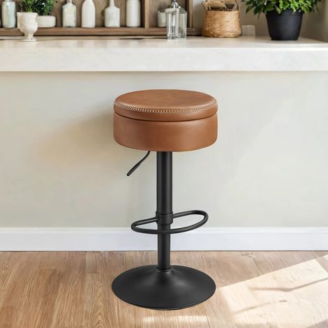 Tabouret de Bar, avec Rangement, Hauteur Réglable, Pivotant, Montage Facile, Marron (1/5)